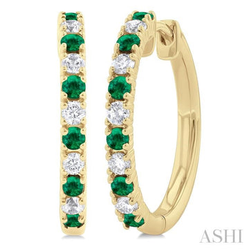 1.80 MM Round Shape Emerald and 1/4 Ctw Round Cut Diamond Precious Hoop Earring in 10K Yellow Gold